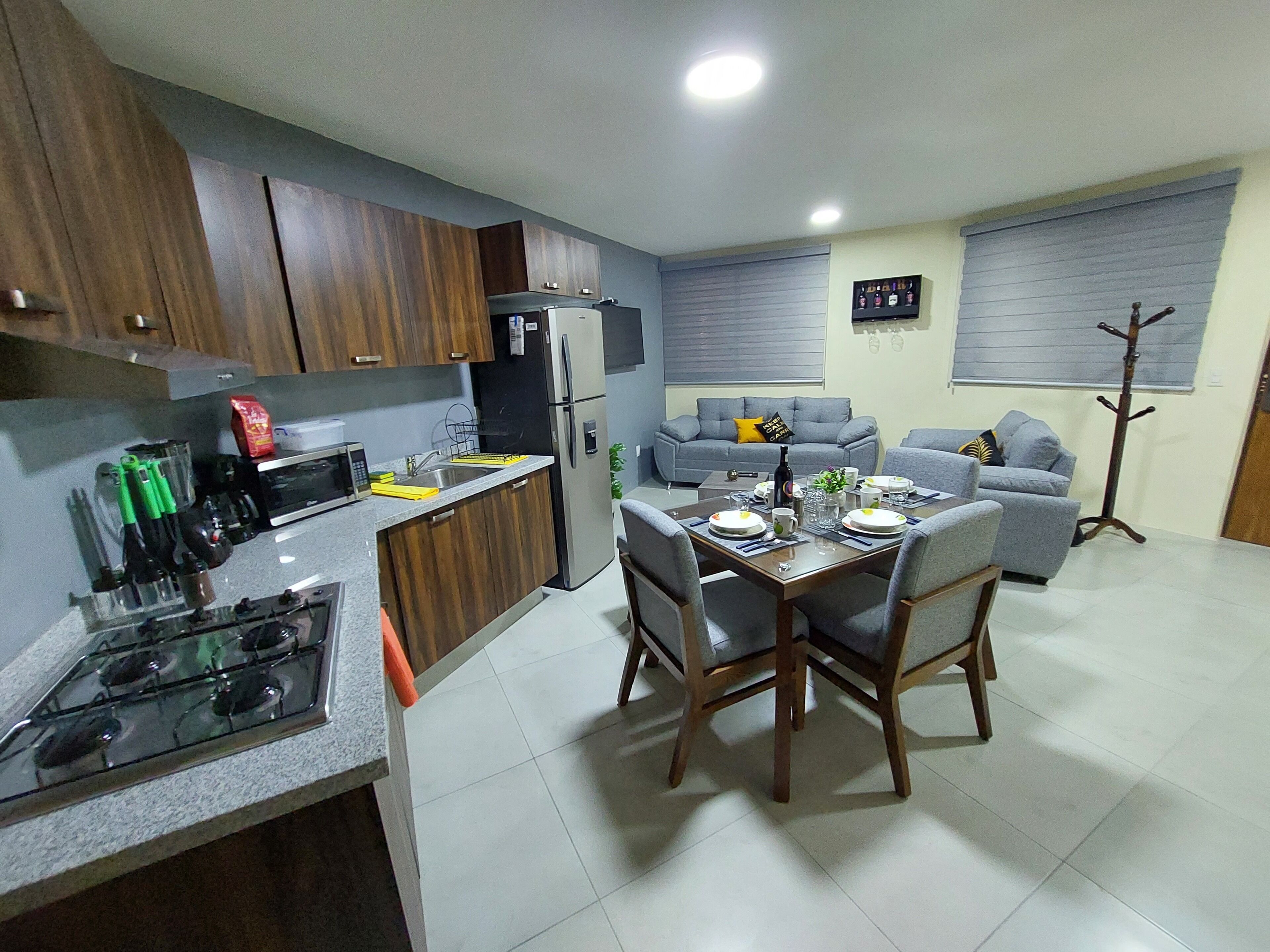 Fridge, microwave, coffee/tea maker, electric kettle