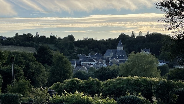 Une piscine offrant une vue dégagée sur un quartier résidentiel en arrière-plan, avec des maisons et des arbres.