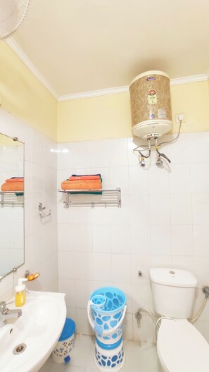 Shower, hair dryer, bidet, towels