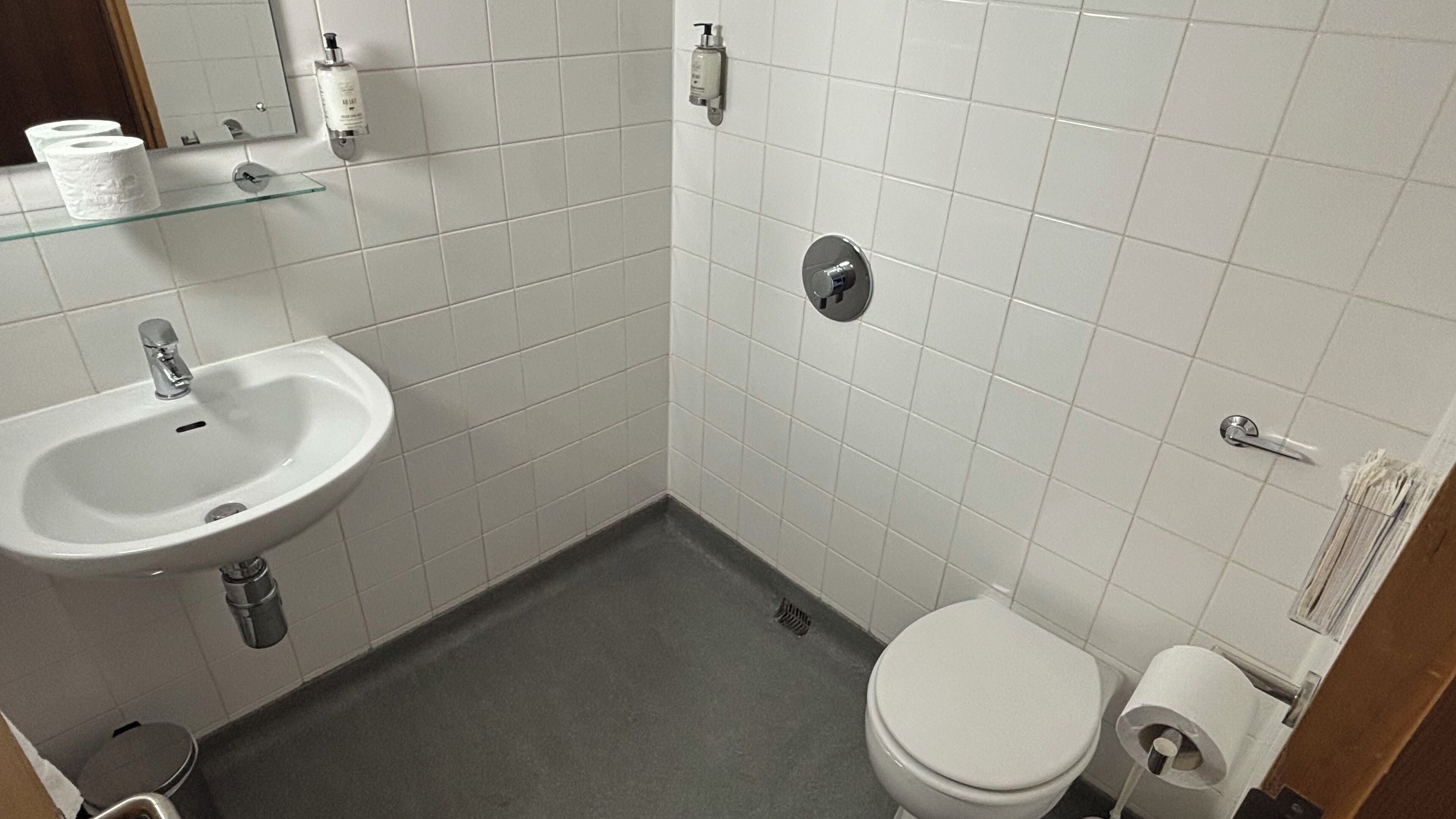 A small, clean bathroom with a white sink, toilet, and a glass shelf holding toiletries.