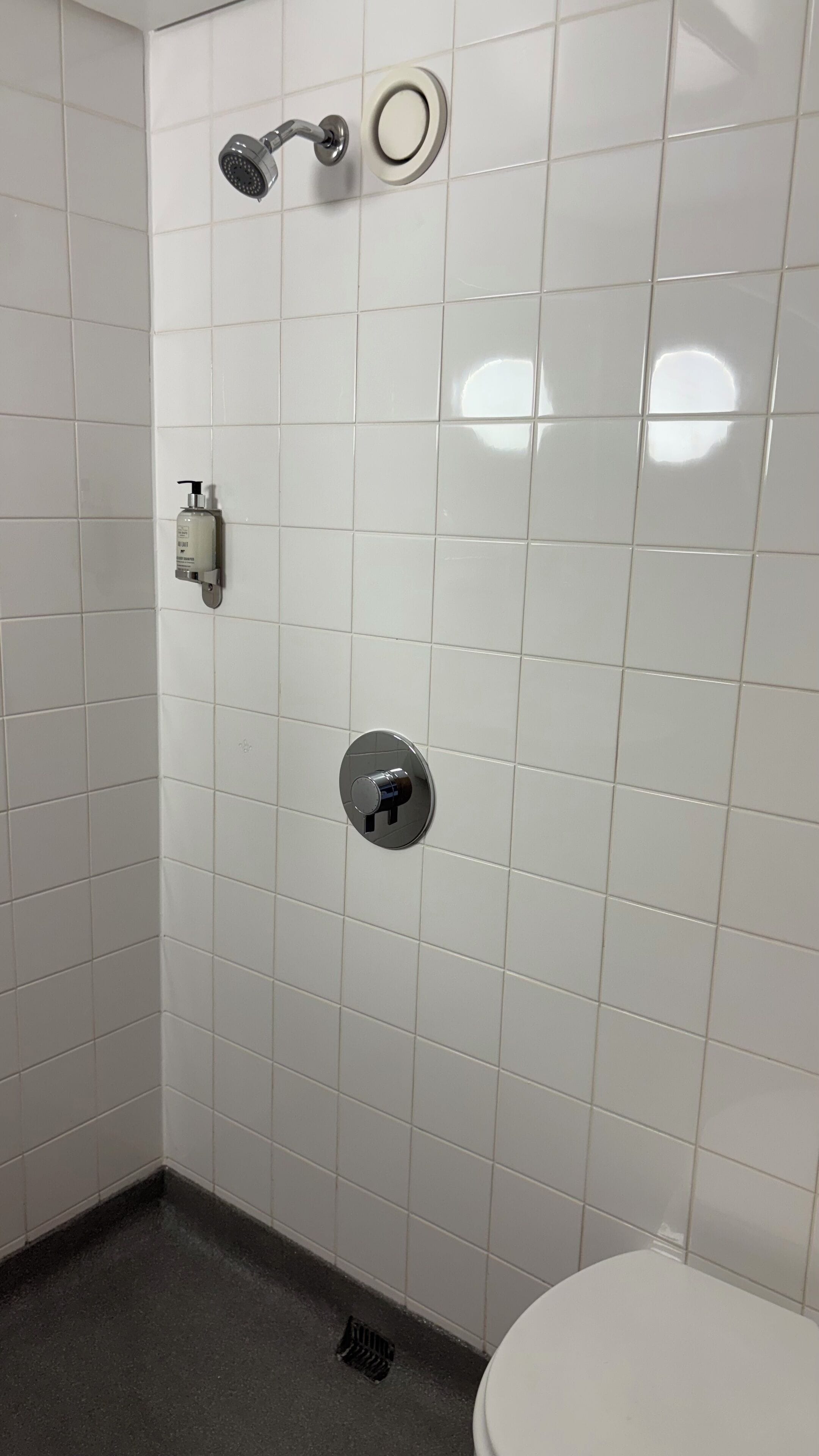 Un baño con paredes de azulejos blancos, una ducha con cabezal de ducha manual, un inodoro y un desagüe en el suelo.