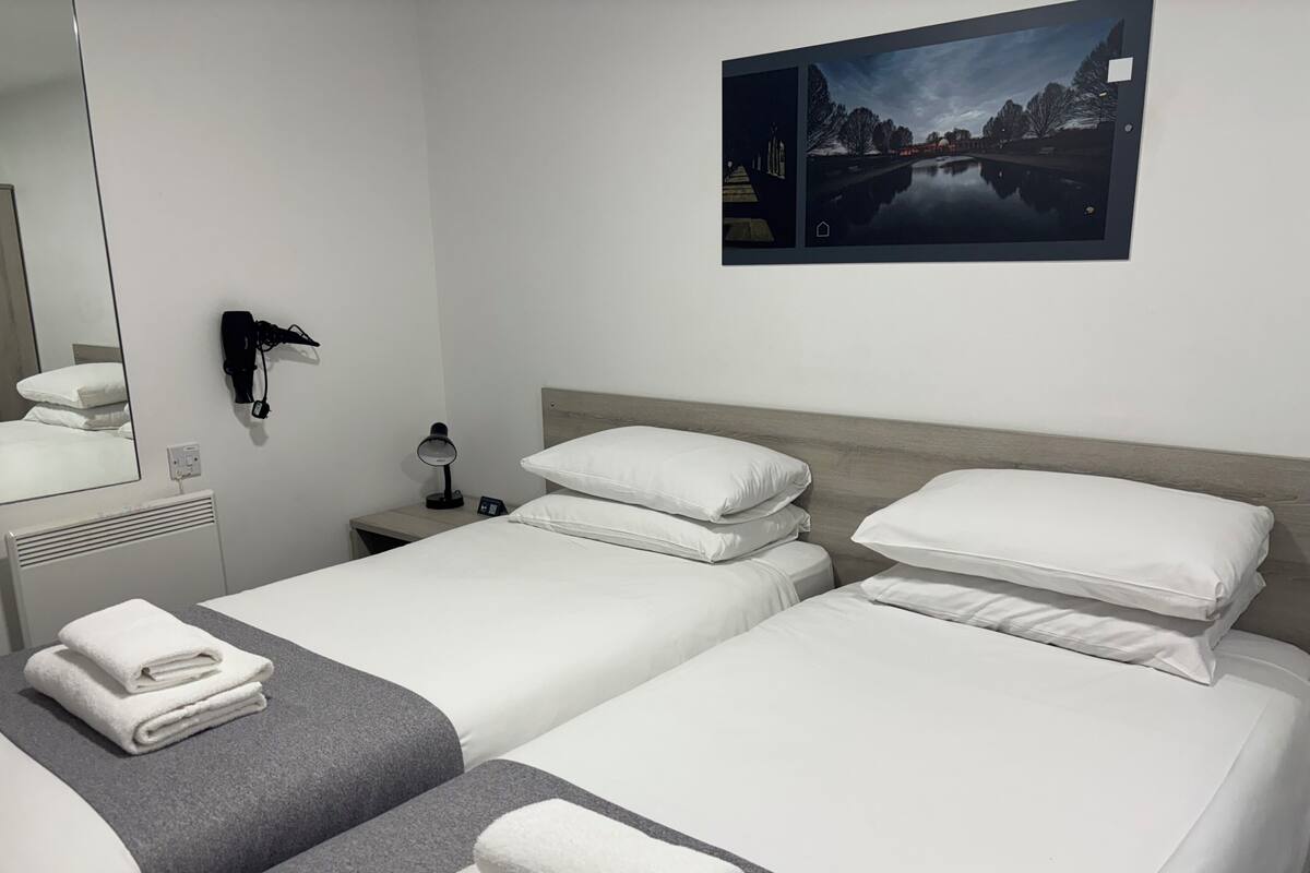 A hotel room with two beds, a nightstand, a lamp, a hairdryer, a mirror, and a painting of a landscape.
