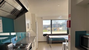 A modern kitchen with a stove, oven, and microwave. There is a window with a view of the outdoors. - Broadview Hotel (Norwich)