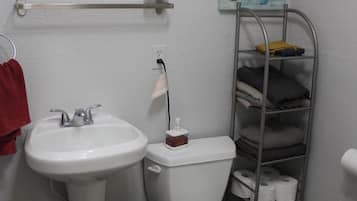 Regadera, toallas, jabón, papel de baño