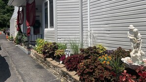 Una casa con porche, una estatua y diversas plantas.