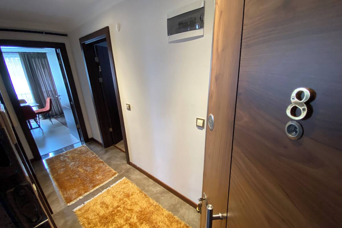 A hallway with a wooden door, a light switch, and a thermostat on the wall.