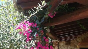 A stone wall with a wooden pergola overhead, a table with chairs, and vibrant pink bougainvillea flowers. - Cozy newly built cottage, within walking distance of the center. (VILLASIMIUS)
