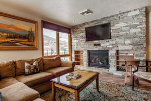 Een smart-tv, een open haard, een dvd-speler en boeken