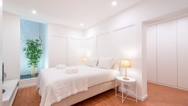 Ein modernes Schlafzimmer mit einem großen Bett, Nachttischlampen, einem kleinen Tisch und einer Bambuspflanze.
