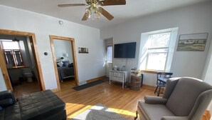 A living room with a sofa, armchair, and a patterned rug. There is a television, a window with blinds, and a ceiling fan.