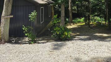 A small, dark wooden cabin with a gravel ground, surrounded by trees.