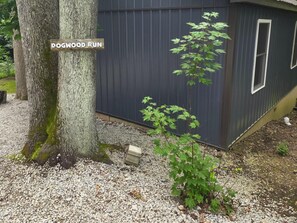 Rakennuksessa on kyltti, jossa lukee ”DOGWOOD RUN”, sen edessä on sorapohja ja etualalla puu.