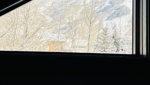 Udsigt fra et vindue over et snødekt bjerglandskab.