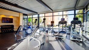 A modern gym with treadmills, elliptical machines, and free weights.