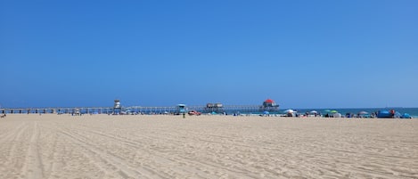 On the beach, sun loungers