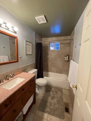 Bathtub, hair dryer, towels, soap