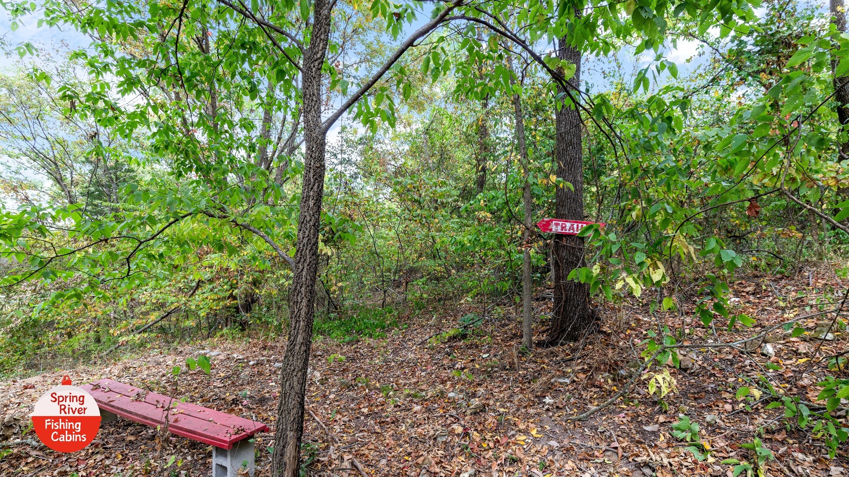 A forested area with a red trail sign, a bench, and a sign for Spring River Fishing Cabins.