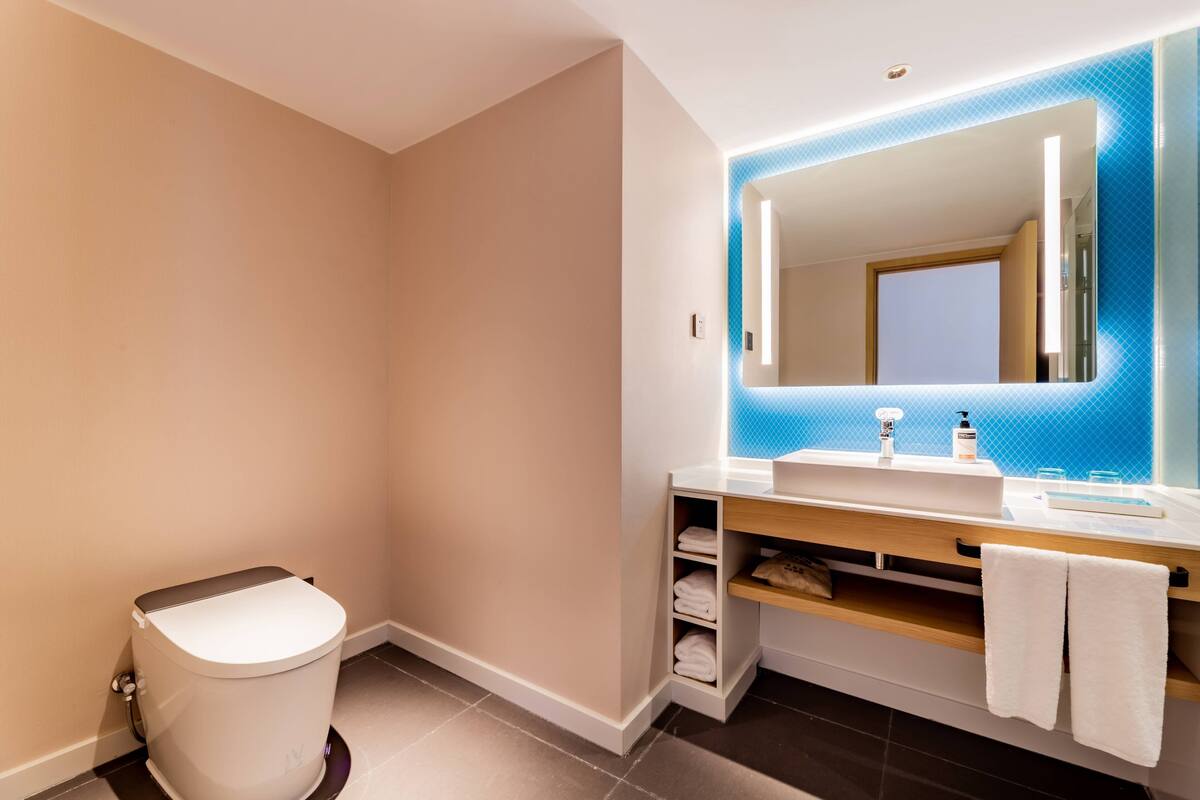 A modern bathroom with a toilet, sink, and mirror.