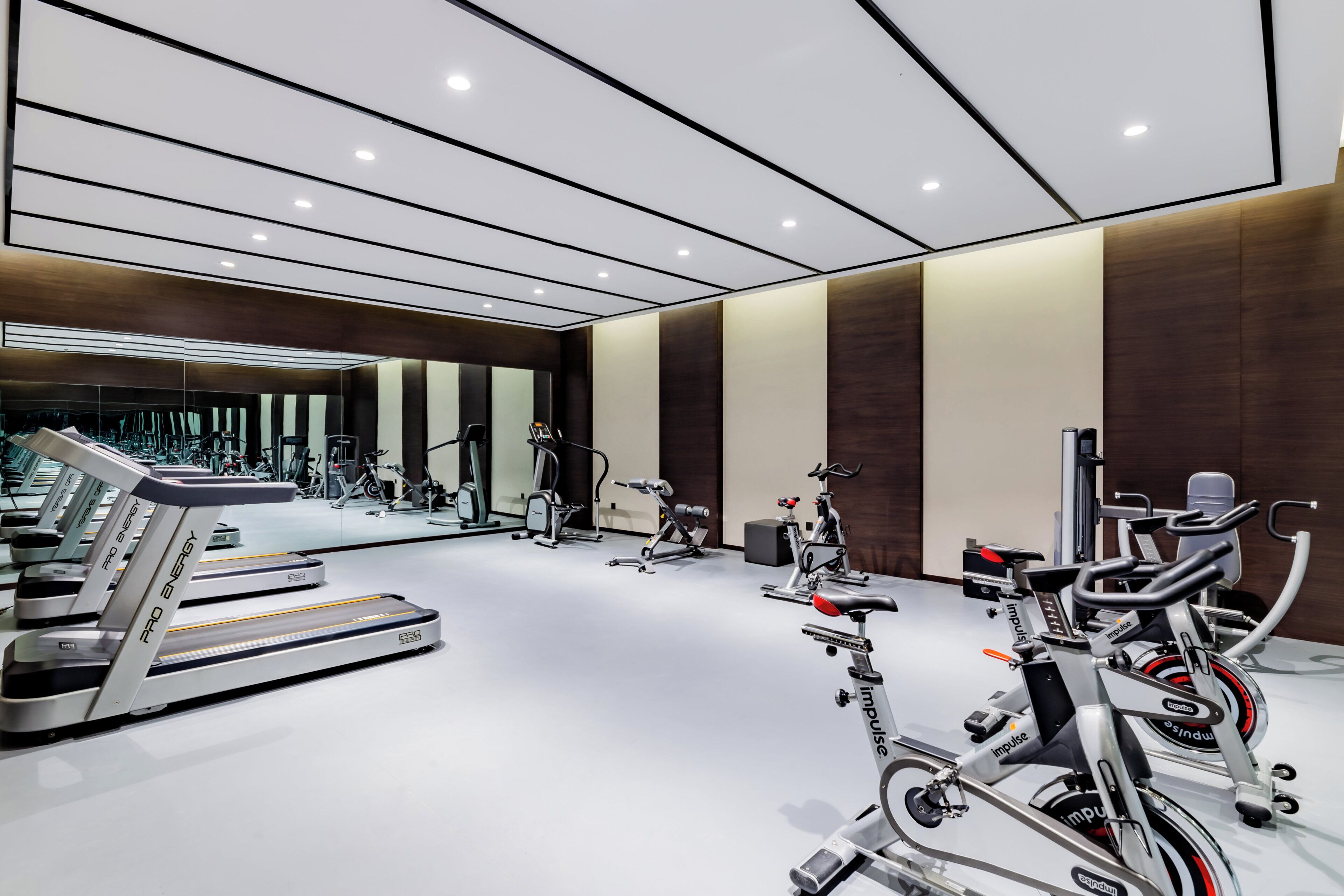 Un gimnasio moderno con varios equipos de ejercicio, incluyendo cintas de correr y bicicletas estáticas.