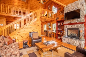 Smart TV, fireplace, DVD player, foosball
