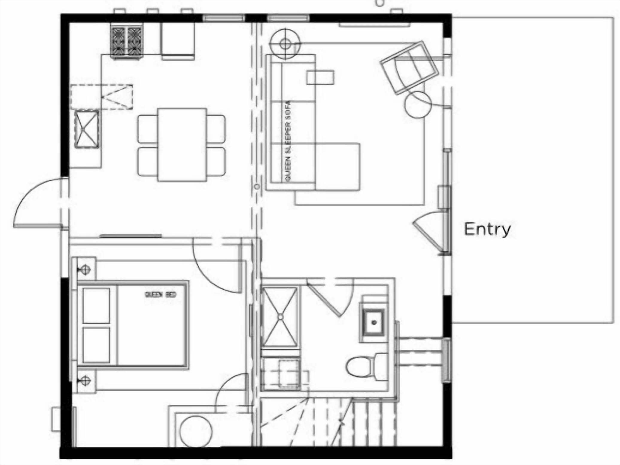 Grundriss eines Hotelzimmers mit Bett, Schreibtisch, Stuhl, einem kleinen Tisch und Bad.