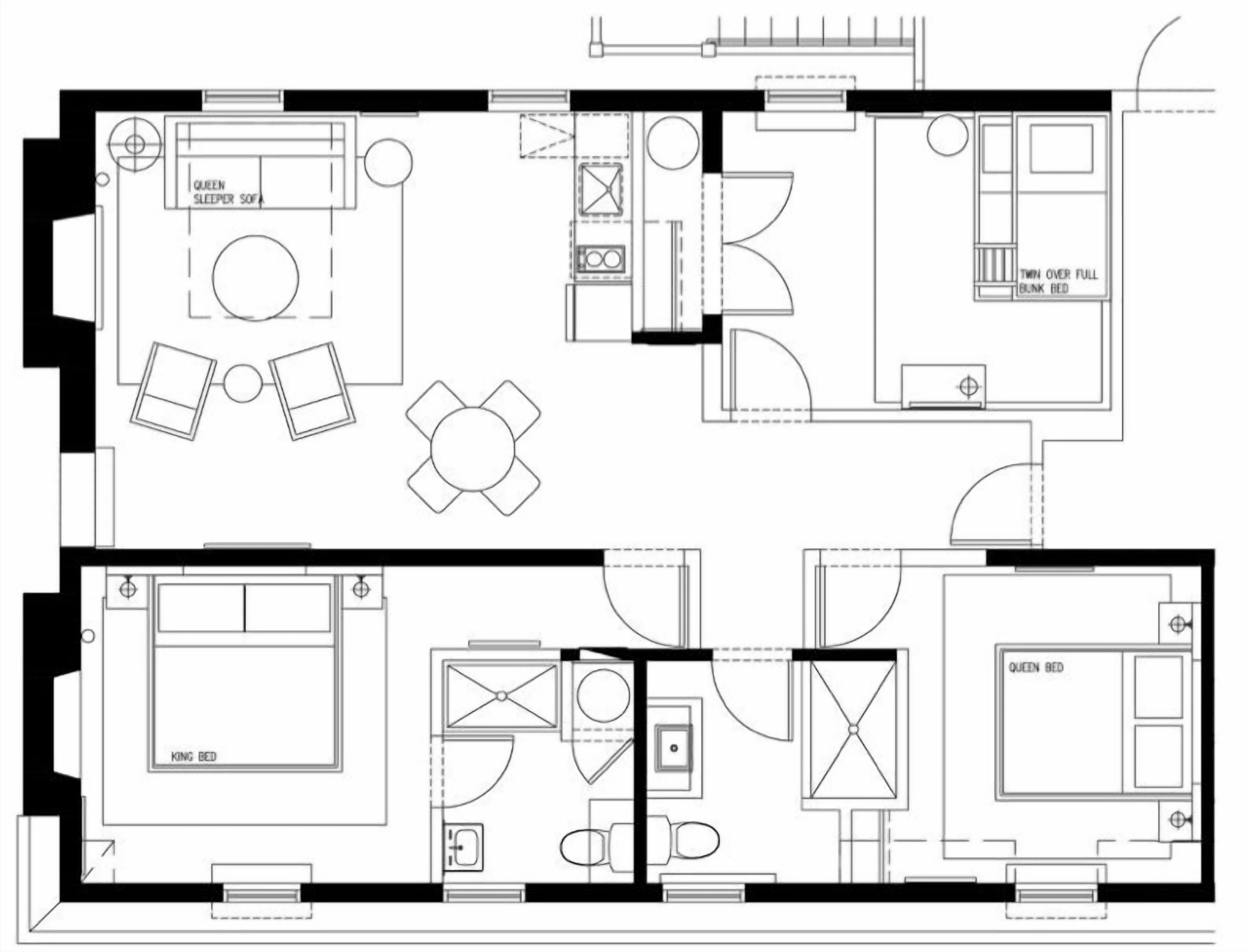 A floor plan of a hotel room with a king bed, queen bed, a twin over full bunk bed, a dining area with a table and chairs, and a bathroom.