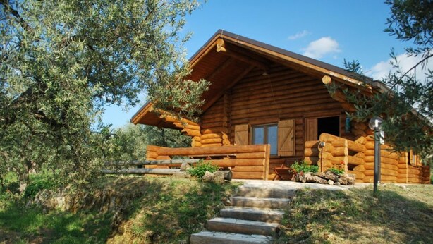 A log cabin with a wooden porch, stone steps, and a view of the surrounding forest. - Chalet 6 Agriturismo (Tocco da Casauria)