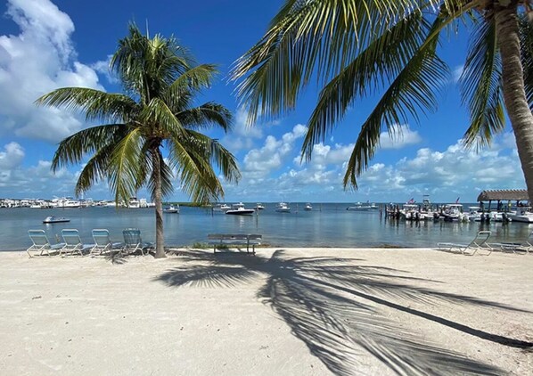 A beach with palm trees, lounge chairs, and boats in the water.