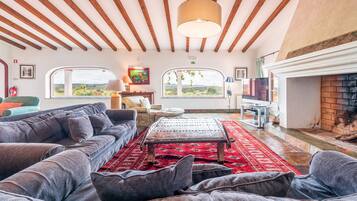 TV, lareira, livros, aparelho de som