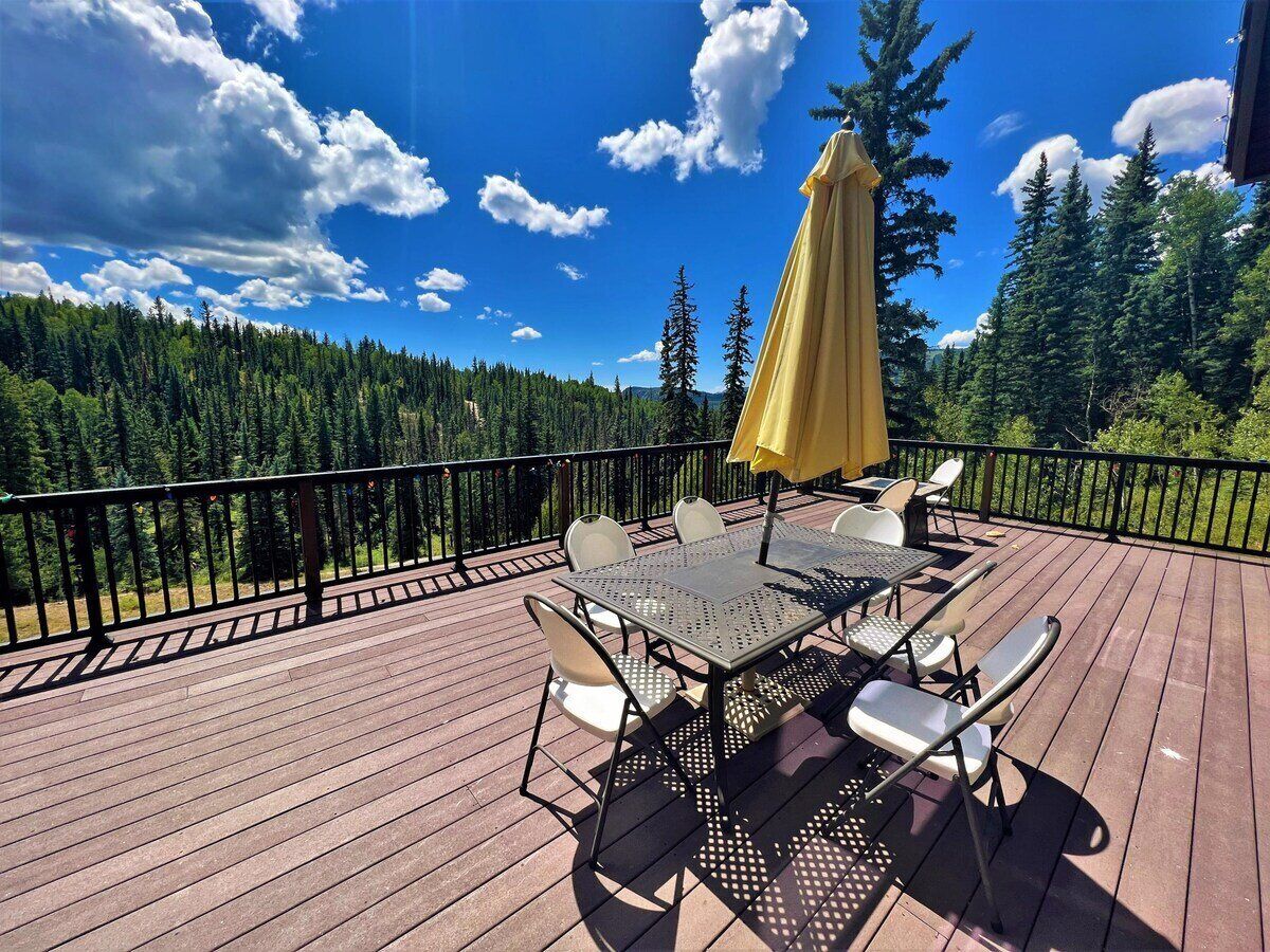 Une terrasse en bois, agrémentée d’une table et de chaises, entourée d’une rambarde noire, et offrant une vue sur une zone boisée.