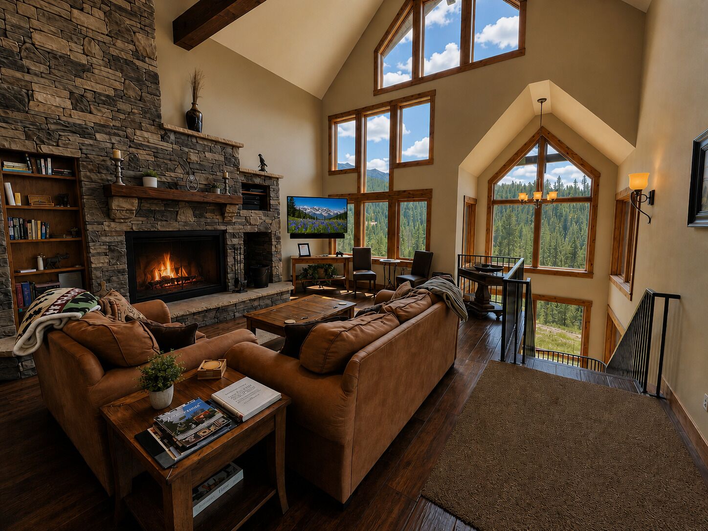 TV, fireplace, DVD player, books