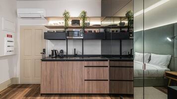 Fridge, microwave, coffee/tea maker, toaster