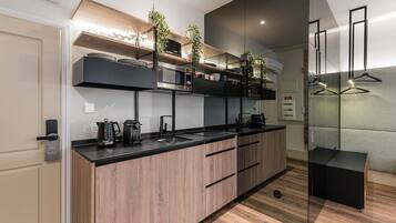 Fridge, microwave, coffee/tea maker, toaster