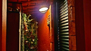 A narrow hallway with wooden flooring, a brick wall on one side, and a green door with a window. - Águas Chalés Temporada (São Pedro)