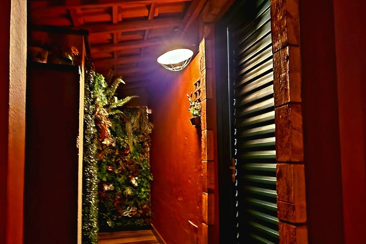 Un couloir étroit au plancher de bois, avec un mur de briques d’un côté et une porte verte dotée d’une fenêtre.