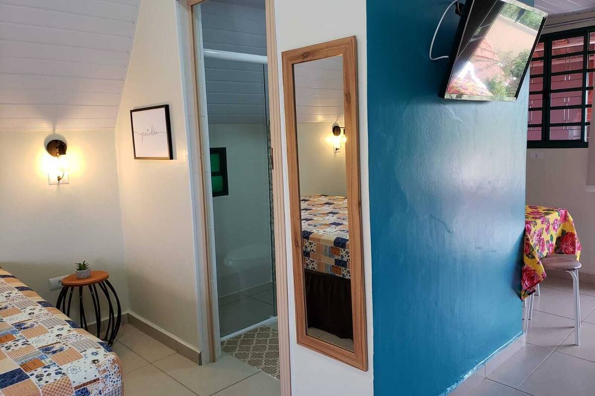 Une chambre à coucher avec un lit, une petite table sur laquelle est posée une plante, un miroir et une fenêtre donnant sur des immeubles.