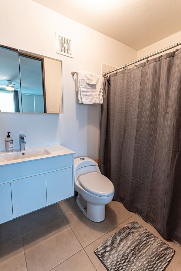A bathroom with a white sink, a toilet, a mirror, and a shower curtain. - 3 Bedroom Oceanfront Beach House (Isabela)