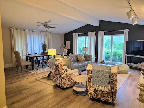 We are a quiet ranch home that sits on 8 acres with firepit, pond and bar.