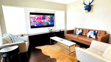 Älytelevisio, takka, DVD-soitin, kirjoja