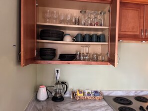 Fridge, microwave, coffee/tea maker, electric kettle