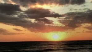 Escena de playa con olas y un atardecer.