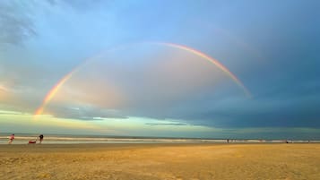 On the beach, sun loungers