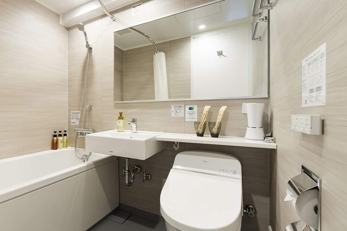 combined shower/bathtub, free toiletries, hair dryer, slippers