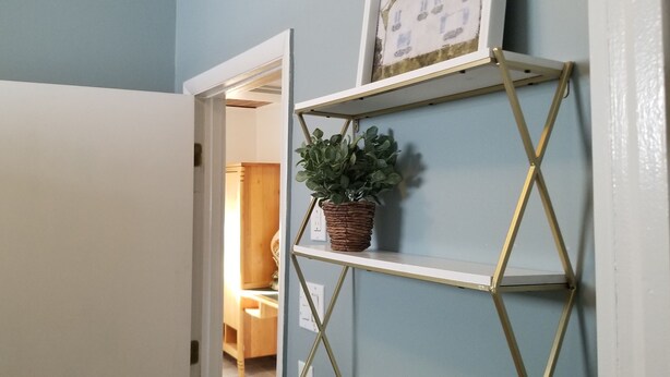 A hallway with a white door, a shelf with a plant, and a framed picture on the wall. - House on the Camas Prairie - Located in Town (Grangeville)