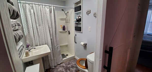 A compact bathroom with a shower, toilet, and sink.