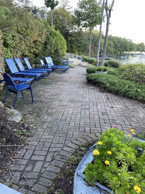 A paved walkway with blue benches, a water body, and greenery.