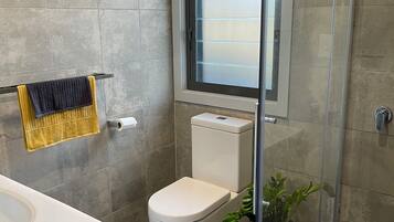 Shower, hair dryer, towels, soap