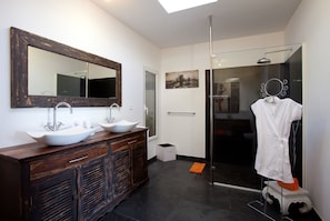 Shower, hair dryer, towels