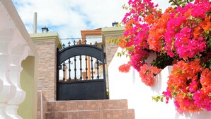 A gated entrance with a stone wall and a metal gate, leading to a staircase.
