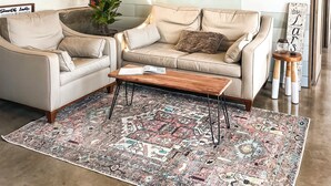 Una sala de estar acogedora con un sofá color beige, una mesa de centro y un tapete estampado. Una tabla de snowboard roja está colgada en la pared, y hay un letrero que dice 'Echo Point Fish Camp'.